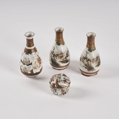 A Set of Three Japanese Late Meiji Period Kutani Small Bottles with Lidded Boxes(chipped)