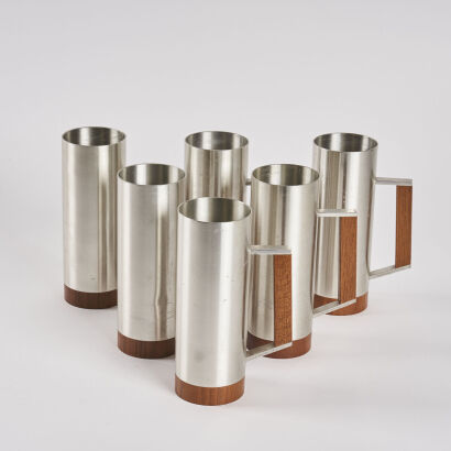 A Suite of Mid-Century Selangor Stainless Steel and Teak Mugs