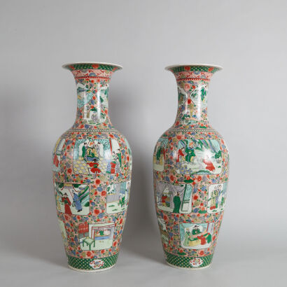 A Pair of Chinese Mid 20-Century Canton Famille Rose Vases decorated with figures and panels (Da Qing Kangxi Nian Zhi Mark)