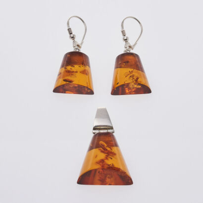 Silver Amber Pendant and Earring Set