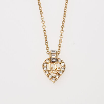 Christian Dior Logo Heart Rhinestone Pendant Necklace