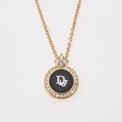 Christian Dior Logo Round Rhinestone Pendant Necklace