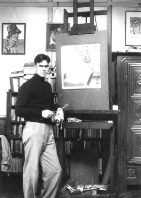 PHOTOGRAPHER UNKNOWN Leo Bensemann working on a portrait of Rita Angus