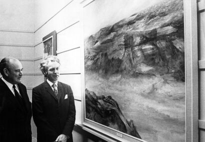 PHOTOGRAPHER UNKNOWN Sir Paul Hasluck and Melvin Day admiring a painting by Sidney Nolan, National Art Gallery