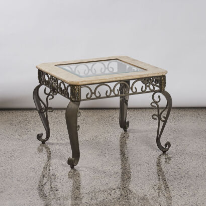 A Square Coffee Table with Wrought Iron Base and Glass Insert