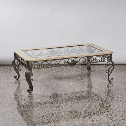 A Rectangle Coffee Table with Wrought Iron Base and Glass Insert