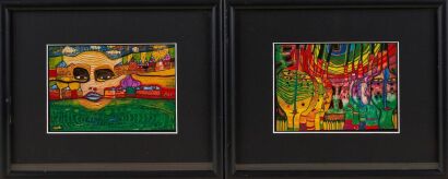 FRIEDENSREICH HUNDERTWASSER A Pair of Framed Postcards