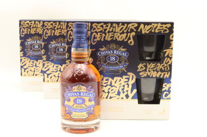 (4) Chivas Regal 18 Year Old, Blended Scotch Whisky, With Two Glasses, 40% ABV (GB)