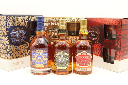 (1) Chivas Regal Gift Box Collection - 13 Year Old, 15 Year Old, 18 Year Old, Blended Scotch Whisky, With Two Glasses, 40% ABV(GB) (Sold as One Lot)