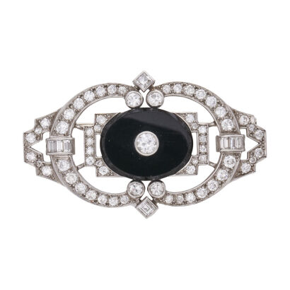 Platinum Onyx and Diamond Brooch