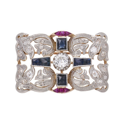 18ct Vintage Sapphire, Ruby and Diamond Brooch