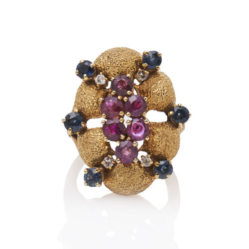 14ct Retro Sapphire, Ruby and Diamond Ring