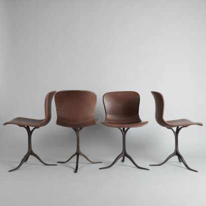 A Set of Four Bronze and Leather Dining Chairs by Belgian P. Tendercool