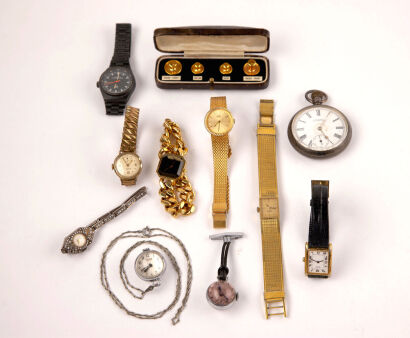 Seven Ladies Wristwatches, Two Pendant Watches and a Waltham Pocket Watch and Dress set of One Piece Studs