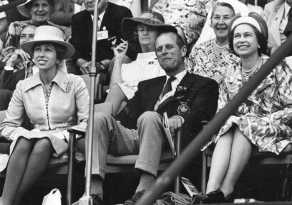 The Queen and the Duke of Edinburgh viewing the closing of the 1974 Commonwealth Games in Christchurch