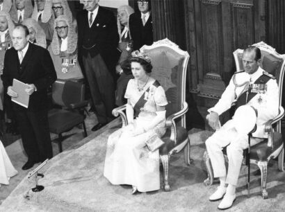 On their Royal Silver Jubilee tour, the Queen and Prince Philip at opening of Parliament in Wellington