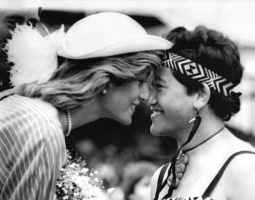 Princess Diana gets a traditional Māori hongi at Auckland's Eden Park