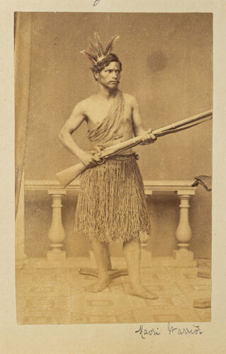 AMERICAN PHOTOGRAPHIC COMPANY, AUCKLAND Portrait of a Māori man wearing a piupiu and holding a rifle