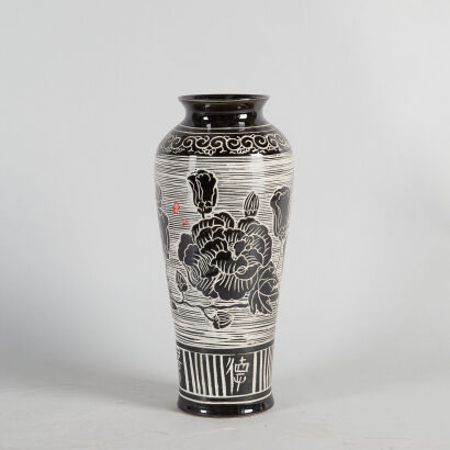 A Carved Chinese Black-Glazed 'Floral' Vase