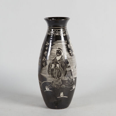 A Carved Chinese Black-Glazed 'Scholar' Vase