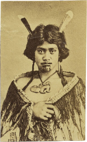 FOY BROS, THAMES Portrait of Māori woman with moko, hei tiki and korowai (detail of full length portrait)