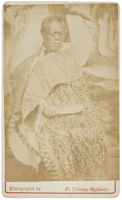 ELIZABETH PULMAN, AUCKLAND Portrait of Ngahu, Ngāti Pou, Waikato chief in kakahu cloak and holding a patu