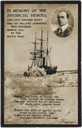 ROTARY PHOTOGRAPHIC SERIES, BRITAIN Memorial postcard for Captain Scott and his companions who perished in Antarctica, 1912