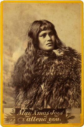 TYREE STUDIO, NELSON Portrait of a Māori woman in Kahuhu cloak on Christmas card