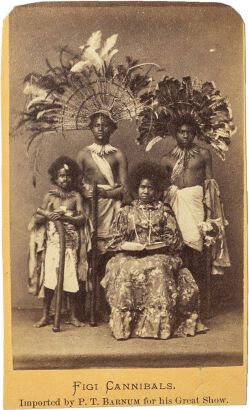 MATHEW B. BRADY, PUBLISHED BY E. AND H. T. ANTHONY, NEW YORK Fiji Cannibals - Imported by P. T. Barnum for his Great Show at the American Museum, New York. Left to right Ra Bian the dwarf (d 1872), Ko Ratu Masi Moa, Otavah, Ki Na Bose Yaco