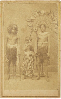 MATHEW B. BRADY, NEW YORK Fiji Cannibals - Imported by P. T. Barnum for his Great Show at the American Museum, New York. Ko Ratu Masi Moa, Ki Na Bose Yaco and Raq Bian the dwarf holding Pineapple and Thali clubs and wearing ceremonial headdress