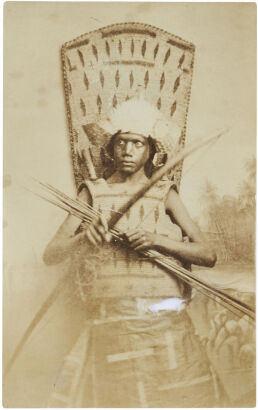 UNKNOWN PHOTOGRAPHER Kiribati/Gilbert Islander in armour with Porcupine fish helmet