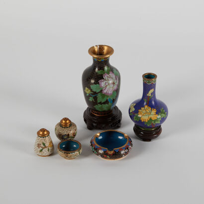 A Set of Six Small Chinese Cloisonne Vases and Ornaments