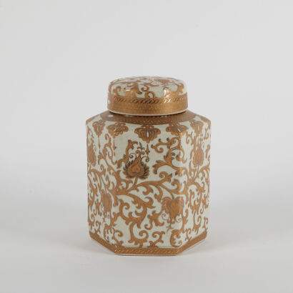 A Gilt-Decorated 'Floral' Hexagonal Lidded Jar