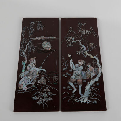 A Pair of 20th Century Chinese Mother-of-Pearl Inlaid Black Lacquer Panels