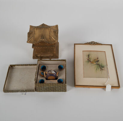 A Box of Small Chinese Cloisonne Teapotss, a Small Framed Chinese Painting of Flower and Bird and a Small Brass Temple Ornament