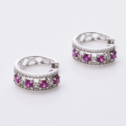 14ct Ruby and Diamond Hoop Earrings