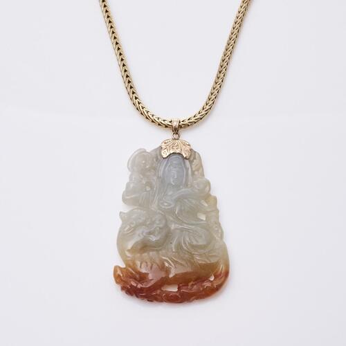 14ct Heavy Chain with Engraved Jade Pendant.