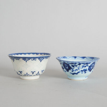 A Set of Two 19th Century Chinese Blue and White Bowls (Da Qing Guangxu Nian Zhi Mark) (Huajia Mark, repaired)