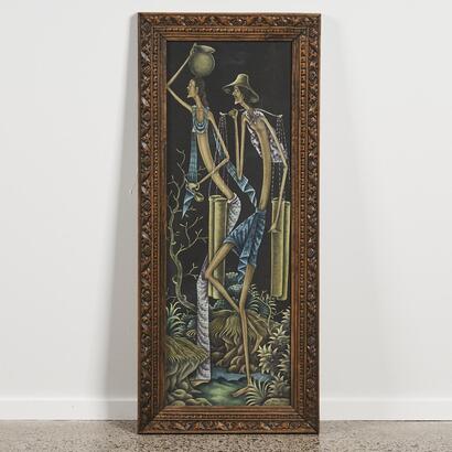 A Mid-Century Balinese Signed Painting In A Carved Frame