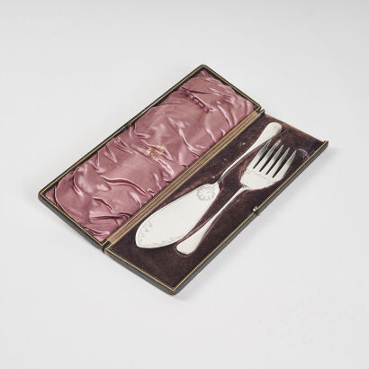 A Salt and Pepper Set and Cased Cake Knife and Fork