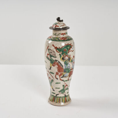 A Chinese Crackle-Glazed Famille Verte 'Figural' Lidded Vase