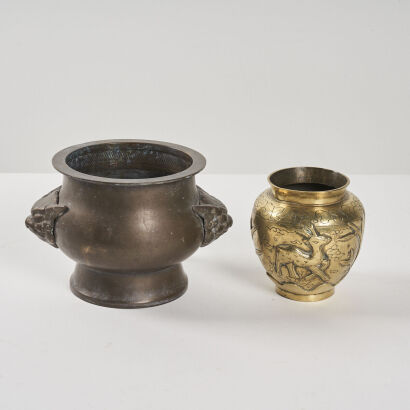 A Chinese Brass Incense Burner with two handles & A Chinese Incised 'Floral and Bird' Brass Pot