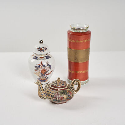 A Group of Three Japanese Satsuma Teapot, Vase and Imari Lidded Jar