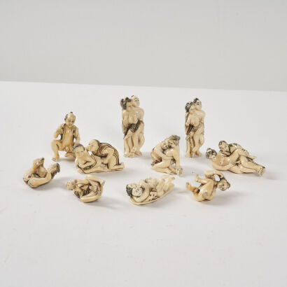 A Set of Ten of Japanese Bone Carved Figurines of Shunga