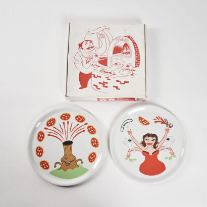 A Rare Hand Painted Set Of Pummaroriella Piatti Pizza Plates By Alessi