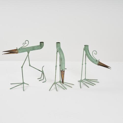 A Set Of Three Brass and Copper Sculptural Bird Candle Holders by Gino Bushini