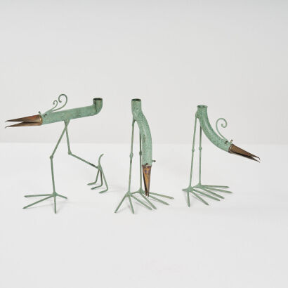A Set Of Three Brass and Copper Sculptural Bird Candle Holders by Gino Bushini