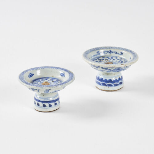 A Pair of Small Chinese Qing-Dynasty Blue and White Standing Plates