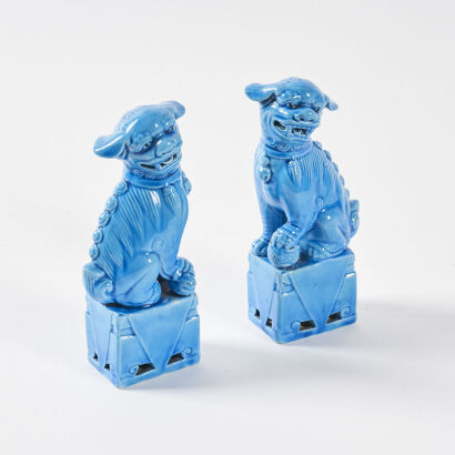 A Pair Of Chinese Foo Dog Guardian Lion Turquoise Glazed Porcelain Figurines