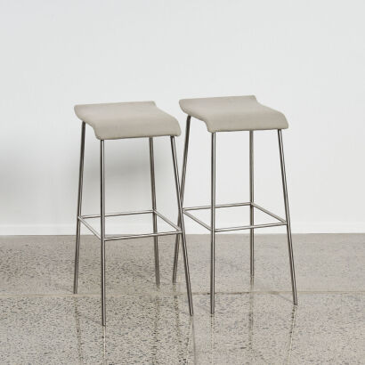 A Pair of Barstools Grey Fabric With Stainless Legs